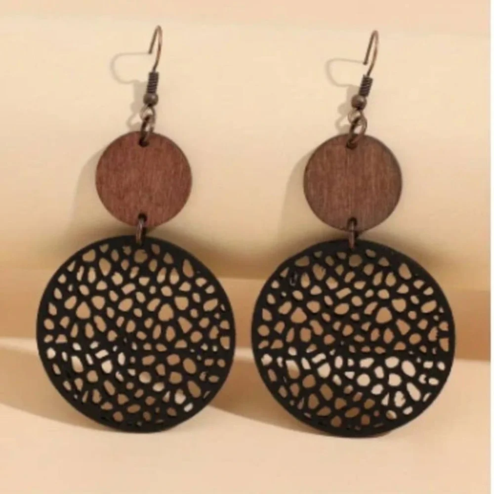 Black Brown Wooden Leather‎ Boho Dangle Drop Earrings Circles Lightweight